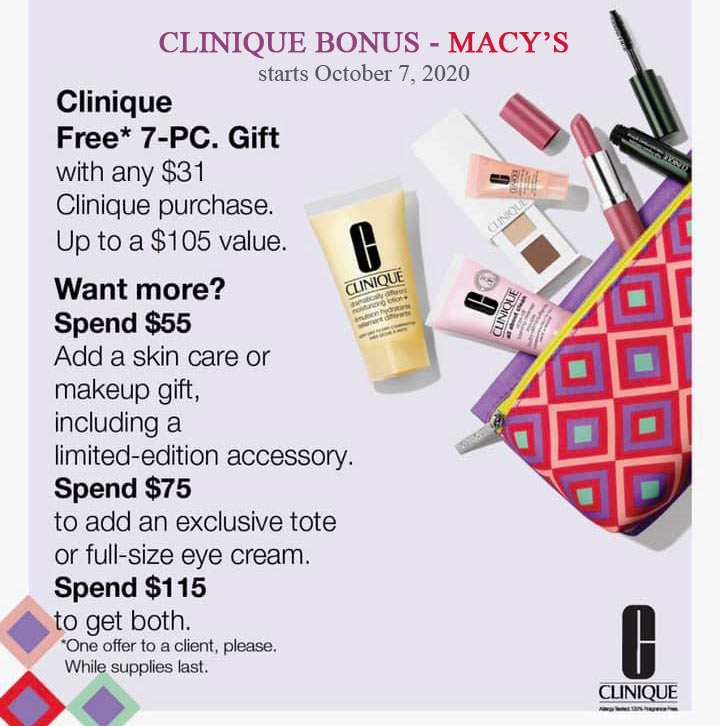 Clinique gift with purchase at Macy's starts October 7, 2020